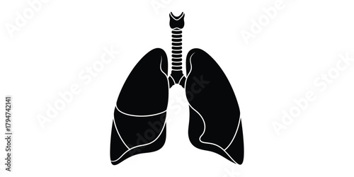 Clean vector illustration of the human respiratory system, featuring a black silhouette of healthy lungs and trachea, symbolizing vital breath, medical science, and anatomical health