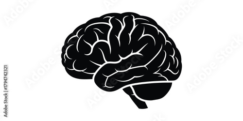 Simple black vector icon of a human brain, a powerful symbol representing intelligence, thought, psychology, and neuroscience on a white background