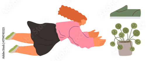 Woman in motion with long red hair, pink sweater, and black skirt reaching forward. Features single shoe and leafy plant. Ideal for change, imbalance, movement, action, spontaneity surrealism