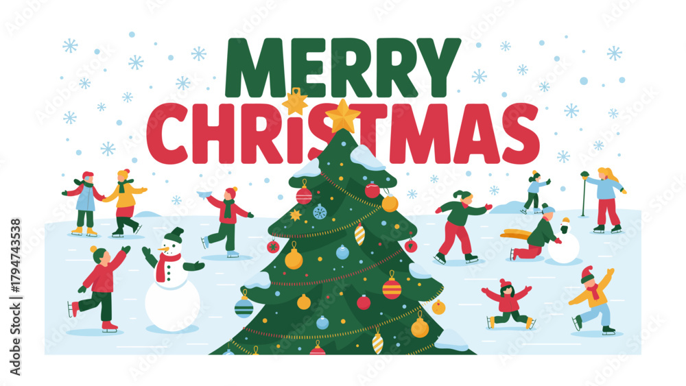 Naklejka premium Holiday Joy: Merry Christmas! A colorful scene of a festive tree surrounded by joyous figures engaged in a variety of winter activities in a snow-covered landscape.