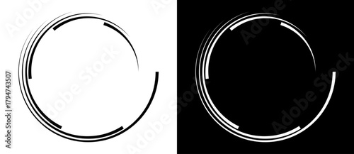 Abstract rotated lines in circle form as background. Design element for prints, logo, sign, symbol and icon. A black figure on a white background and an equally white figure on the black side.