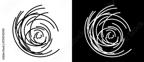 Abstract background with curved lines in chaos. A black figure on a white background and the same white figure on the black side.