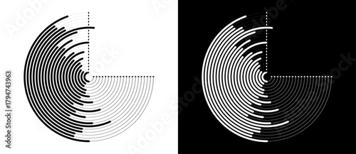 Abstract background with lines in circle. Creative circle as logo or icon concept. Black lines on a white background and white lines on the black side.
