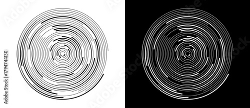 Rotating art lines in circle shape as symbol, logo or icon. A black figure on a white background and an equally white figure on the black side.
