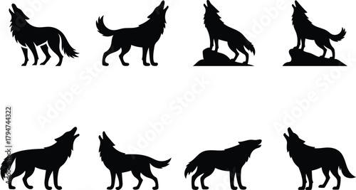 Set of howling wolf silhouettes isolated on white background various poses