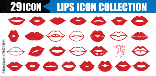 Lipstick Kiss Icons Pack – Red Mouth Expressions Vector Set. Vector illustration of sexy woman's lips expressing different emotions, such as smile, kiss, more Vector Illustration