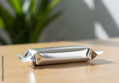 Silver Foil Snack Bar on Wooden Surface Mockup