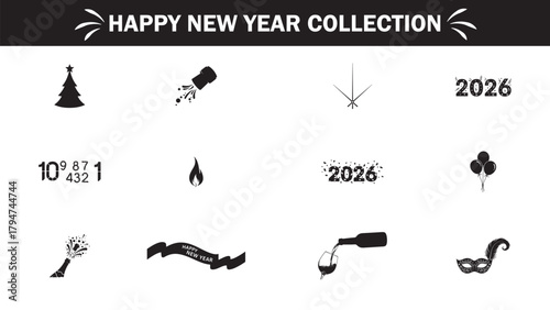 Festive happy new year collection featuring celebratory graphics and design elements