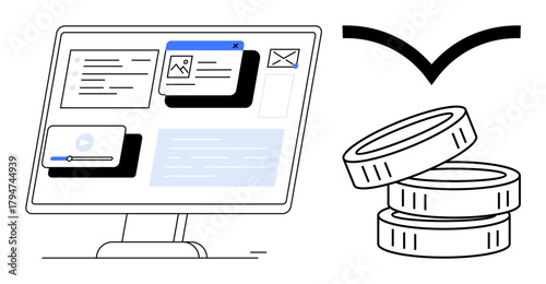 Computer screen displaying multiple apps and icons alongside coins and an arrow. Ideal for finance, technology, productivity, digital economy, investment, online tools, remote work. Simple flat