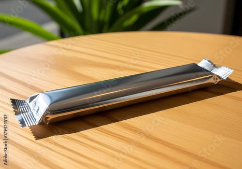 Silver Foil Snack Bar on Wooden Surface Mockup