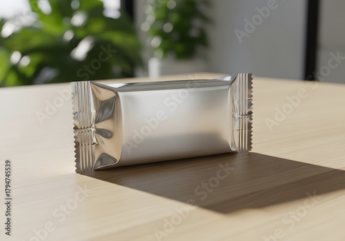 Silver Foil Snack Bar on Wooden Surface Mockup