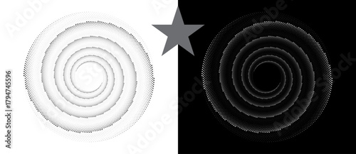 Spiral dotted background with stars. Yin and yang style. Design element or icon. Black shape on a white background and the same white shape on the black side.