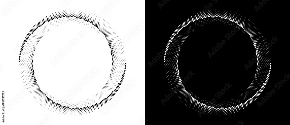 Fototapeta premium Modern abstract background. Halftone dots in circle form. Round logo. Vector dotted frame. Design element or icon. Black shape on a white background and the same white shape on the black side.