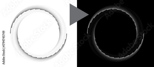 Spiral dotted background with triangles. Yin and yang style. Design element or icon. Black shape on a white background and the same white shape on the black side.