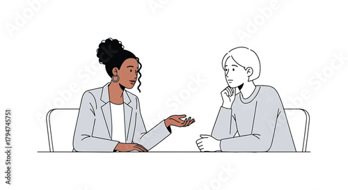 Two diverse individuals engaging in a professional conversation, discussing ideas, and collaborating during a meeting or consultation