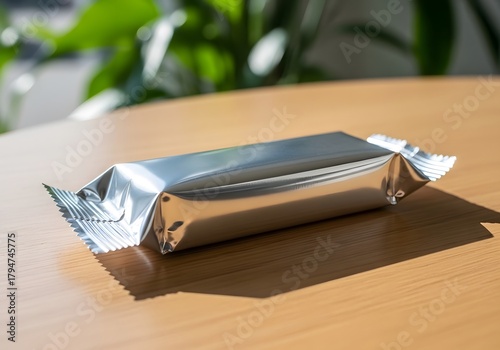 Silver Foil Snack Bar on Wooden Surface Mockup