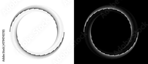 Modern abstract background. Halftone dots in circle form. Round logo. Vector dotted frame. Design element or icon. Black shape on a white background and the same white shape on the black side.