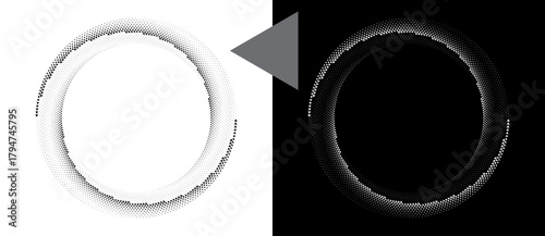 Spiral dotted background with triangles. Yin and yang style. Design element or icon. Black shape on a white background and the same white shape on the black side.