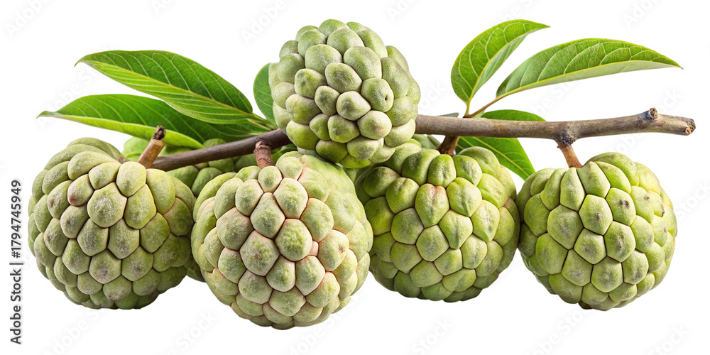Fototapeta premium Fresh custard apples on branch with green leaves, tropical fruit