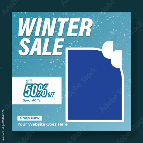 Winter sale announcement with 50 percent off discount and snowflakes background