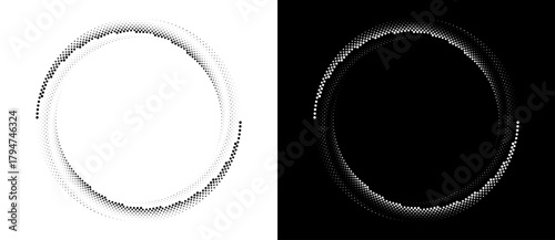 Modern abstract background. Halftone dots in circle form. Round logo. Vector dotted frame. Design element or icon. Black shape on a white background and the same white shape on the black side.