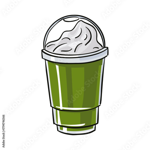 iced green matcha drink in a tall plastic cup with a dome lid, topped with a swirl of whipped cream. great for coffee shop promotions, summer beverage ads, and refreshing drink menus