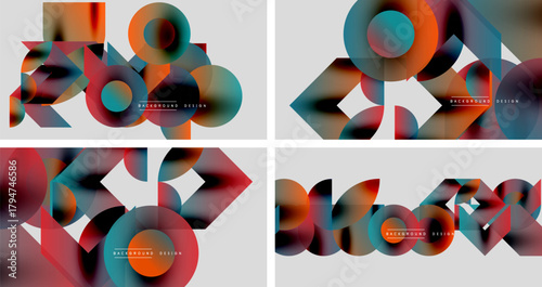 Abstract geometric patterns. Colorful overlapping shapes create modern backgrounds. Gradient hues, circles, squares, design elements.