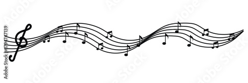 Musical notes, stave with flying notes, melody sketch with musical staff wave, comic, vector Musical white background. EPS10