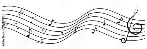 Musical notes, stave with flying notes, melody sketch with musical staff wave, comic, vector Musical white background. EPS10