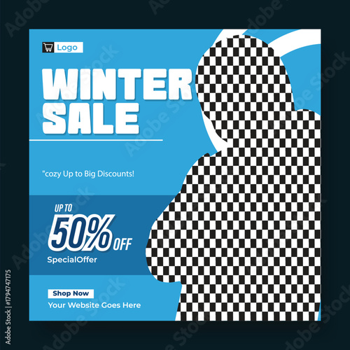 Winter sale announcement with 50 percent off discount and placeholder for product image