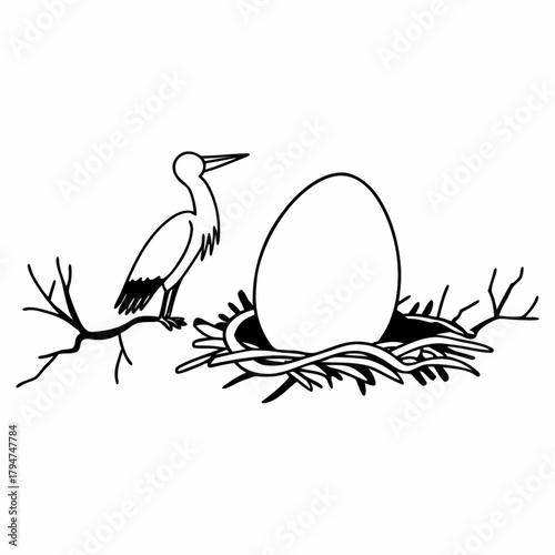 Minimilist illustration of a stork perched on a branch next to a nest with a large egg in black and white style vector