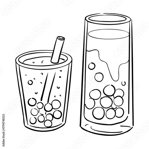 Two doodle glass cups depicting tea in transparent cups with tapioca pearls and thick straws. Contoured isolated illustration. For milk tea shops, cafe menus, and trendy Asian drink designs