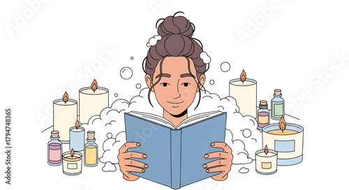 Woman reading in a bubble bath with candles and oils. Vector illustration of relaxation and self-care