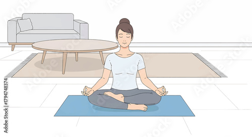 Serene woman in meditation pose practicing mindfulness on a yoga mat indoors, promoting inner peace and relaxation