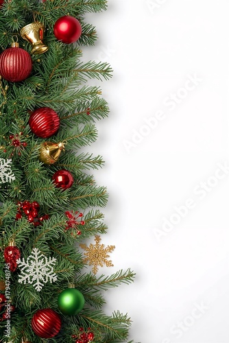 Wallpaper Mural Realistic Christmas Tree Branch with Red and Green Ornaments and Golden Bells on White Background Torontodigital.ca