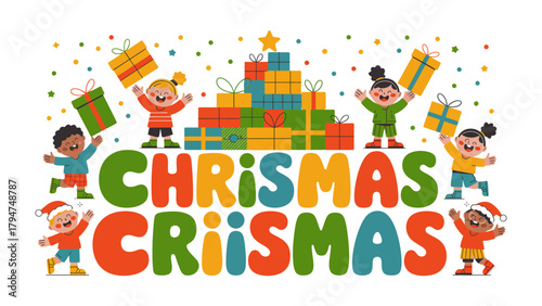 Holiday Cheer: A whimsical illustration captures the festive spirit of Christmas, with a vibrant display of gifts and playful children. 