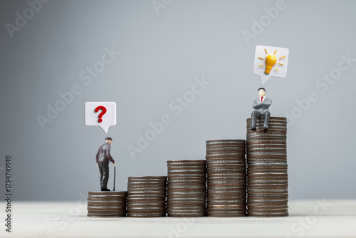 Senior retired man with question mark standing on few coins versus young businessman sitting on many coins with idea light bulb. Concept of comparing financial planning results and investment success.