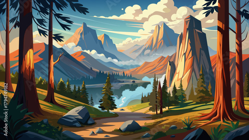 Very beautiful landscape in Sequoia National Park in the Sierra Nevada mountains on a sunny day, featuring towering sequoia trees, rugged mountain terrain, and distant smoke from wildfires over the Fr