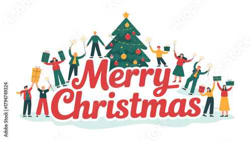 Joyous Christmas Gathering: A festive scene where a group of people, each brimming with glee, gathers around a decorated Christmas tree, spreading cheer through gifts and twinkling lights.