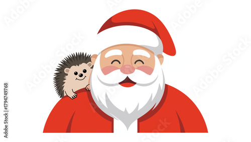 Santa's Christmas Cheer: A jolly Santa Claus, complete with a rosy cheeks and twinkling eyes, shares a heartwarming moment with a spiky hedgehog on his shoulder, against a festive backdrop.