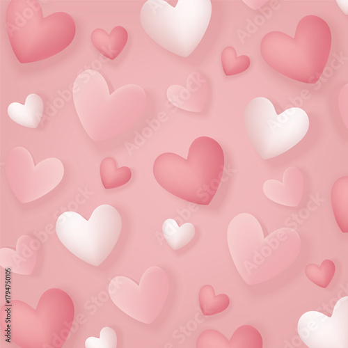 Vector background with soft pastel pink and white hearts on a blush gradient. Ideal for Valentine’s Day, romantic design, greeting cards, invitations, social media, posters, packaging, and wedding