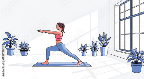 Female character practicing Warrior II yoga pose indoors for fitness and mindful wellness in a modern apartment