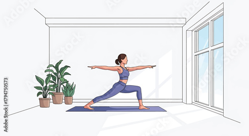 A woman performs the Warrior II yoga pose in a bright, minimalist room, an illustration of mindful strength and balanced well-being indoors