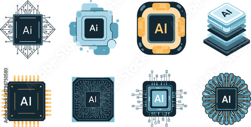 Artificial Intelligence and CPU Microchip Vector Icon Set, AI Technology and Machine Learning Illustration.