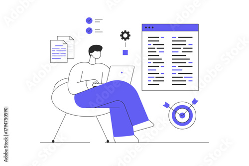 Software development, programming, coding. Man create software, write code and scripts, work with programming languages. Flat Cartoon Vector Illustration, icon Stylish abstract design landing page web