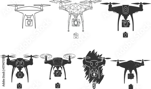 Drone Quadcopter and Camera Icon Vector Set, Aerial Photography and UAV Technology Illustration.
