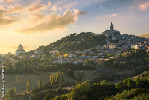 Todi Hill Town and Santa Maria della Consolazione at Sunset, Umbria, Italy