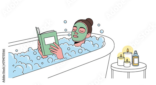 Woman in a bubble bath with a face mask, reading a captivating book for self-care and tranquil relaxation – vector art