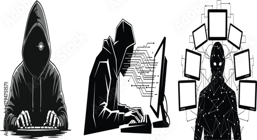 Hacker and Cyber Security Threat Vector Set, Anonymous Digital Crime and Dark Web Illustration.