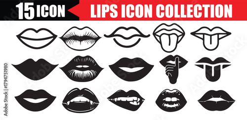 Black and White Lips Icon Collection – 15 Mouth and Kiss Designs, Sexy female lips symbols. Vector Illustrtaion